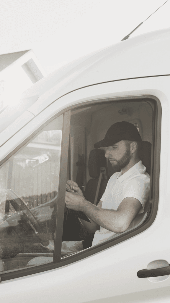 Local tradesperson taking a call in their work van