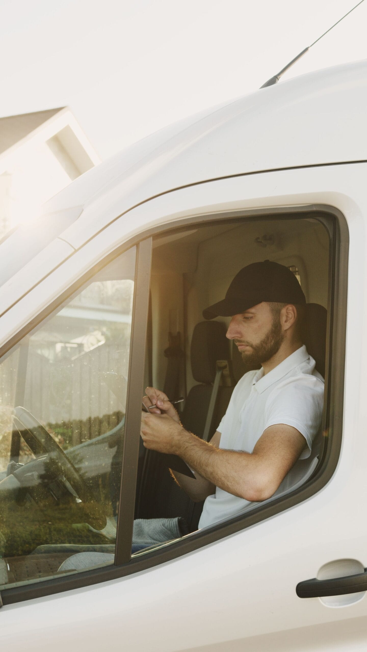 Local business owner taking a call in a van